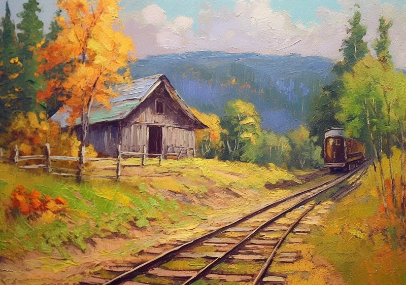 火车在山间铁路上行驶油画,插画/手绘图,插画/手绘图库,插画/手绘图下载,插画/手绘